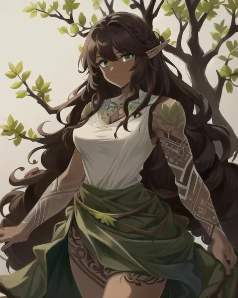 ((best quality)), ((highly detailed)), masterpiece, (detailed eyes, deep eyes), (1girl), cowboy shot, (dryad), (((plant_hair:2, brown hair, leaves in hair))), (((dark brown skin:1.5))), (serene smile), green eyes, tall woman, <lora:tattoo_lora01:.5>, ((intricate tattoos:1.4)), (green tattoos), (rune tattoos), nature, ((leaf skirt, clothes made of plants:1.4)), medium breasts, mushrooms, <lora:RootsBranchesAIv5:.8>, RootsBranchesAI woman