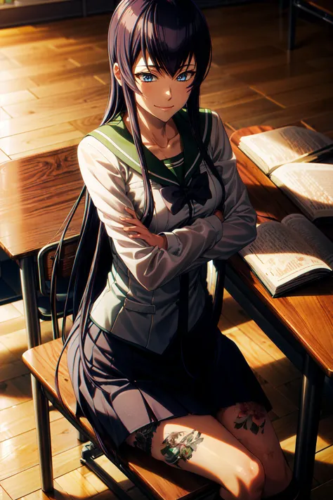 Masterpiece, best quality, high resolution,  <lora:eft_hotd_blue:0.7> eft_hotd_blue, 1girl, school uniform, solo, long hair, black hair, serafuku, skirt, bow, very long hair, blue eyes, friendly smile, sitting on a chair, classroom, school uniform deep V neck,  <lora:add_detail:0.4>,   <lora:tattoo_lora01:1> 1girl, tattoo