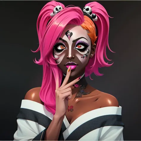 (masterpiece:1.4), (high res), HD, 4k, ((best quality:1.3)), beautiful face, detailed face, ultra-detailed, 3d, portrait, solo focus, solo, close-up face shot, facing viewer, (Japanese room background), (looking at viewer), 1girl, tattoo, BREAK, smirk, very dark skin, makeup, jewelry, large intricate hair, large breasts, cleavage, (<lora:bleach_kurosaki:1>(kurosaki Ichigo), orange hair,(spiked hair:1.3), long hair, orange eyes, ( japanese clothes, haori, off the shoulder black kimono,)), large breasts, eyeshadow, eyeliner, mascara, long eyelashes, (long painted nails:1.1, long fake nails, gold nails), <lora:mrpotatoparty:.6> mrpotatoparty (colorful tattoos, skull tattoo, intricate tattoo, death tattoo, body tattoo, body writing) <lora:tattoo_lora01:1> (<lora:ColoredLipstick:1> (hot pink lips,) (lipstick, hot pink lipstick)), ((yamanba:1.5), white facepaint makeup colored skin, dark-skinned female, very dark skin, <lora:Kuroko:.25> <lora:ManbaSD1_5_Baaki:.75>)