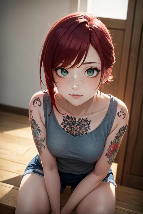 (masterpiece, best quality), high quality, absurdres, highres, ultra detailed, intricate, beautiful young woman, 1girl, looking at viewer, (tattoo), red hair, green eyes, freckles, pale skin, tank top, shorts, indoors, stud earrings, <lora:tattoo_lora01:0.5>