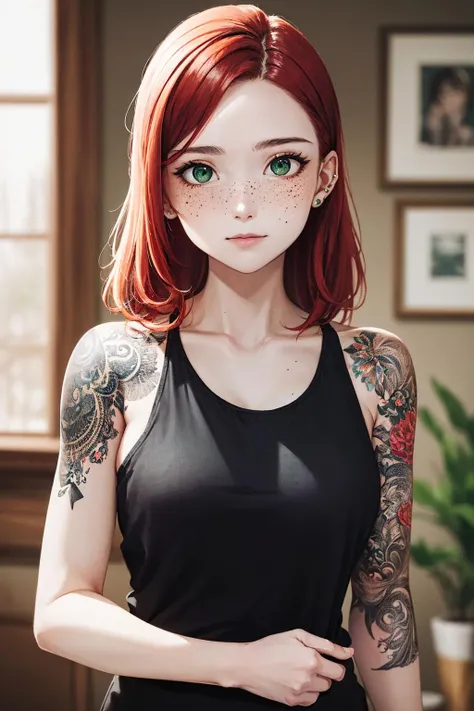 (masterpiece, best quality), high quality, absurdres, highres, ultra detailed, intricate, beautiful young woman, 1girl, looking at viewer, (tattoo), red hair, green eyes, freckles, pale skin, tank top, shorts, indoors, stud earrings, <lora:tattoo_lora01:0.5>