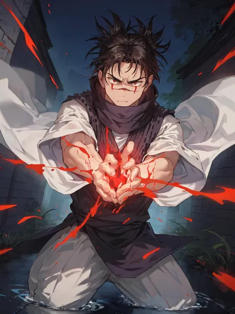 <lora:choso_v1:0.65><lora:flatBG:-0.15>
wide Shot,From above,dutch angle,(best hands) ,Best quality,(masterpiece,ultra detailed 8k art,cowboy Shot),1 male, jjksnch, prpotf, dark brown eyes,running,(dynamic pose,Wind:1.2),( glowing red water effect:1.25), focus face,Purple clothes, white long wide sleeves,looking at viewer, Black hair
BREAK
(out door ),Shadow,mezzanine, Old buildings, midnight, dark sky