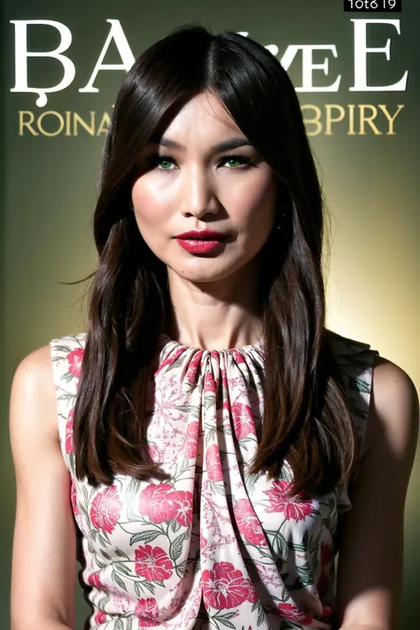 best quality,masterpiece,((cover by wrapping paper :1.4) ) ,young face,smile,_ dress,green eyes,pure white skin,long straight hair, hair accessories, earrings, eyeshadow,redlip,blush,upper body,indoors ,(gemma chan), <lora:Gamme chan V1:1>,looking at viewer,