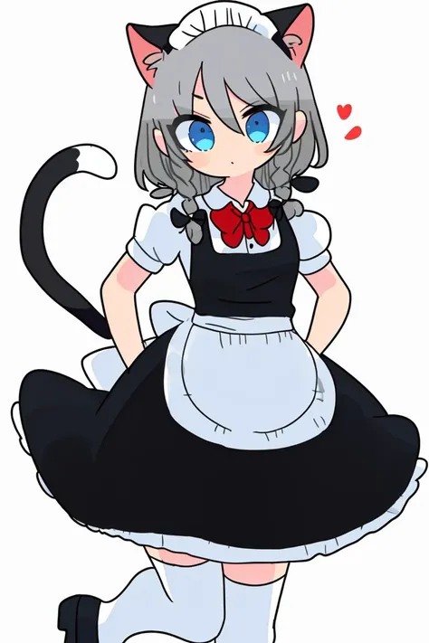 skistyle, 1girl, izayoi sakuya, animal ears, braid, tail, twin braids, blue eyes, solo, apron, thighhighs, maid headdress, knife, maid, cat tail, cat ears, grey hair, simple background, waist apron, white background, short sleeves, white thighhighs, dress, bow, puffy short sleeves, puffy sleeves, hair bow, green bow, medium hair, maid apron, frills, black footwear, blue dress, white shirt, shirt, short hair, ribbon, collared shirt