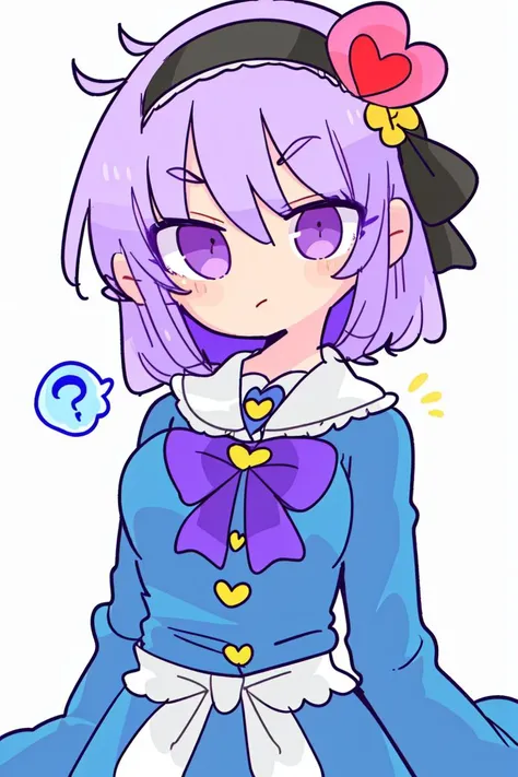 skistyle, 1girl, komeiji satori, shirt, short hair, blue shirt, solo, ?, third eye, heart, long sleeves, at the beach, hairband, blouse, frills, purple hair, frilled shirt collar, purple eyes, hair ornament, upper body, wide sleeves, buttons, heart hair ornament, spoken question mark, frilled sleeves, collared shirt, heart button, pink eyes, ribbon trim, pink hair, closed mouth