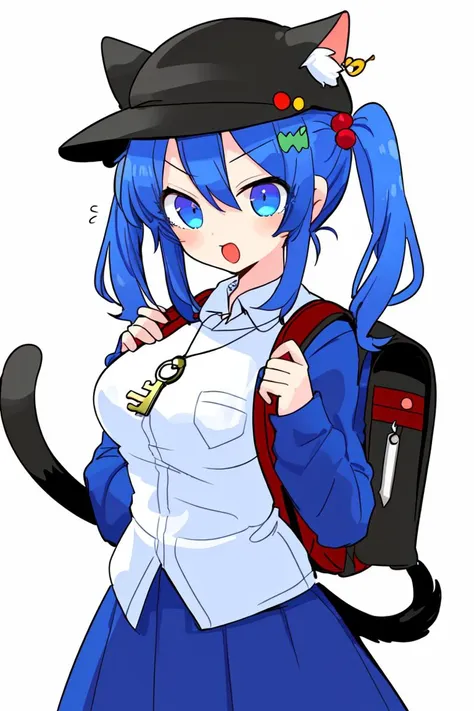 skistyle, 1girl, kawashiro nitori, animal ears, blue shirt, blue hair, blue skirt, shirt, hat, skirt, green headwear, cat ears, key, solo, skirt set, breasts, blue eyes, backpack, twintails, bag, long sleeves, white background, tail, simple background, hair ornament, hair bobbles, flat cap, collared shirt, large breasts, cat tail, neck bell, collar, medium hair, two side up, bangs, bell, sidelocks, pocket, key necklace, open mouth, frilled shirt collar