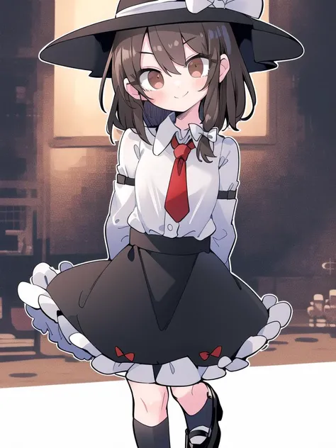 (masterpiece), (best quality), (extremely detailed CG unity 8k wallpaper), official art, absurdres, ultra-detailed, highres,
solo, 1girl,outline, chromatic aberration, full body, standing,
(white background),
short hair, deep brown hair, brown eyes, bangs,
(usami renko), white shirt, black pleated skirt, necktie(red):1.2, white socks, mary janes, hat,
cute, head tilt, light smile, arms behind back,, masterpiece, best quality,