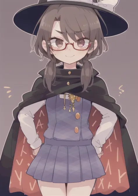 (masterpiece), (best quality), 
solo, (1girl), full body, outline,
<lora:sumireko:1>,
(white background:1.1),
usami sumireko, (hands on hips),
fedora, plaid vest, low twintails, deep brown hair, short hair, light brown eyes, red-rimmed glasses, cape,
standing, light smile,