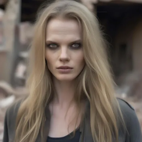 <lora:annev_sdxl_resized:1> annev a close up portrait photo of 26 y.o woman in wastelander clothes, long haircut, pale skin, slim body, background is city ruins, (high detailed skin:1.2), 8k uhd, dslr, soft lighting, high quality, film grain, Fujifilm XT3