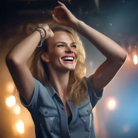 <lora:annev_sdxl_resized:1> annev  a close up Portrait photo of a woman, dancing hands in the air, smile, party mood, Detailed face, holding a beer (perfect blue eyes), (highly detailed skin:1.1), perfect body, wearing t-shirt, ripped jeans, Professional Photography, neon lights, PHOTOREALISTIC, Realistic, standing in a dark studio background, blurred background, volumetric fog, RAW, analog style, sharp focus, 8k, HD, DSLR, high quality, Fujifilm XT3, film grain, award winning, masterpiece