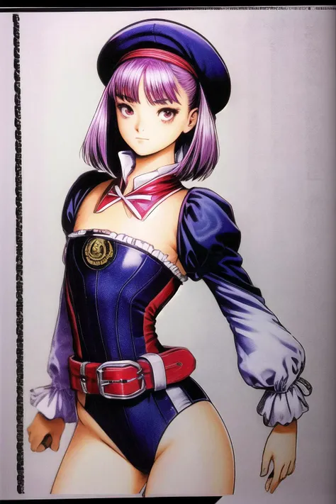 masterpiece, best quality, extremely detailed 8K wallpaper, 1girl, looking at viewer, skin tight, volumetric lighting, shinny, shiny clothes, best anatomy, detailed eyes, beautiful eyes, best shadow, ultra detailed, <lora:add_detail:0.5> <lora:shinkiro:1>, <lora:helenablavatsky-lora-nochekaiser:1> , helena blavatsky, purple hair, short hair, (purple eyes:1.1),bare shoulders, belt, beret, bow, detached collar, detached sleeves, hat, leotard, purple headwear, purple leotard, red belt, white bow, white sleeves,