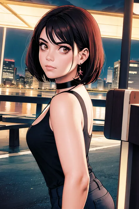 (masterpiece, best quality), 1girl, srttgirl, solo, short hair, standing, ((brown eyes)), portrait, ((close-up)), brown hair, black tank top, pink choker, earrings, looking viewer, city background, night, neon, pose, <lora:srttgirl-05:0.6>, raised eyebrow <lora:shinkiro:0.8>