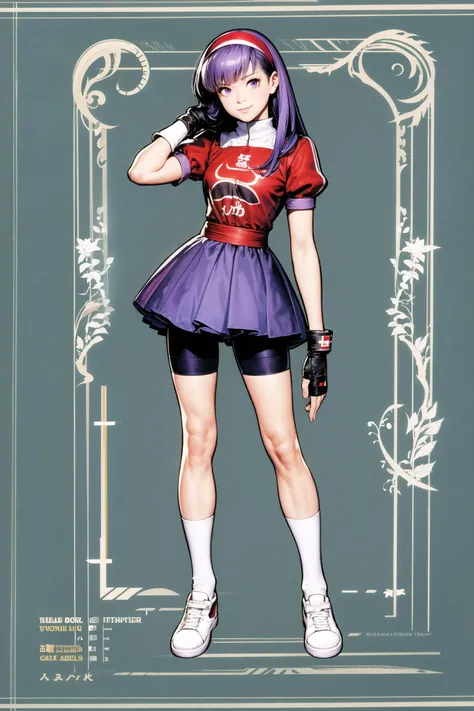 1girl, solo, red hairband, hairband, gloves, fingerless gloves, full body, long hair, purple hair, simple background, white background, standing, purple eyes, short sleeves, bike shorts, looking at viewer, star (symbol), jewelry, shorts, smile, shoes, puffy sleeves, sash, bangs, socks, skirt, puffy short sleeves, buttons, <lora:shinkiro:0.8>