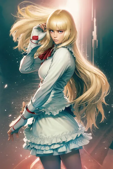 1girl, solo, young woman, liliclassictekken, long hair, blonde hair, (full body), eyeliner, makeup, lips, blue eyes, white dress, realistic, gloves fingerless, hand on hips, frilled, high heels boots, eyeshadown, blunt bang, <lora:shinkiro:0.8> , <lora:LiliClassicTekkenLoRA-07:1> , nervous512 ,
