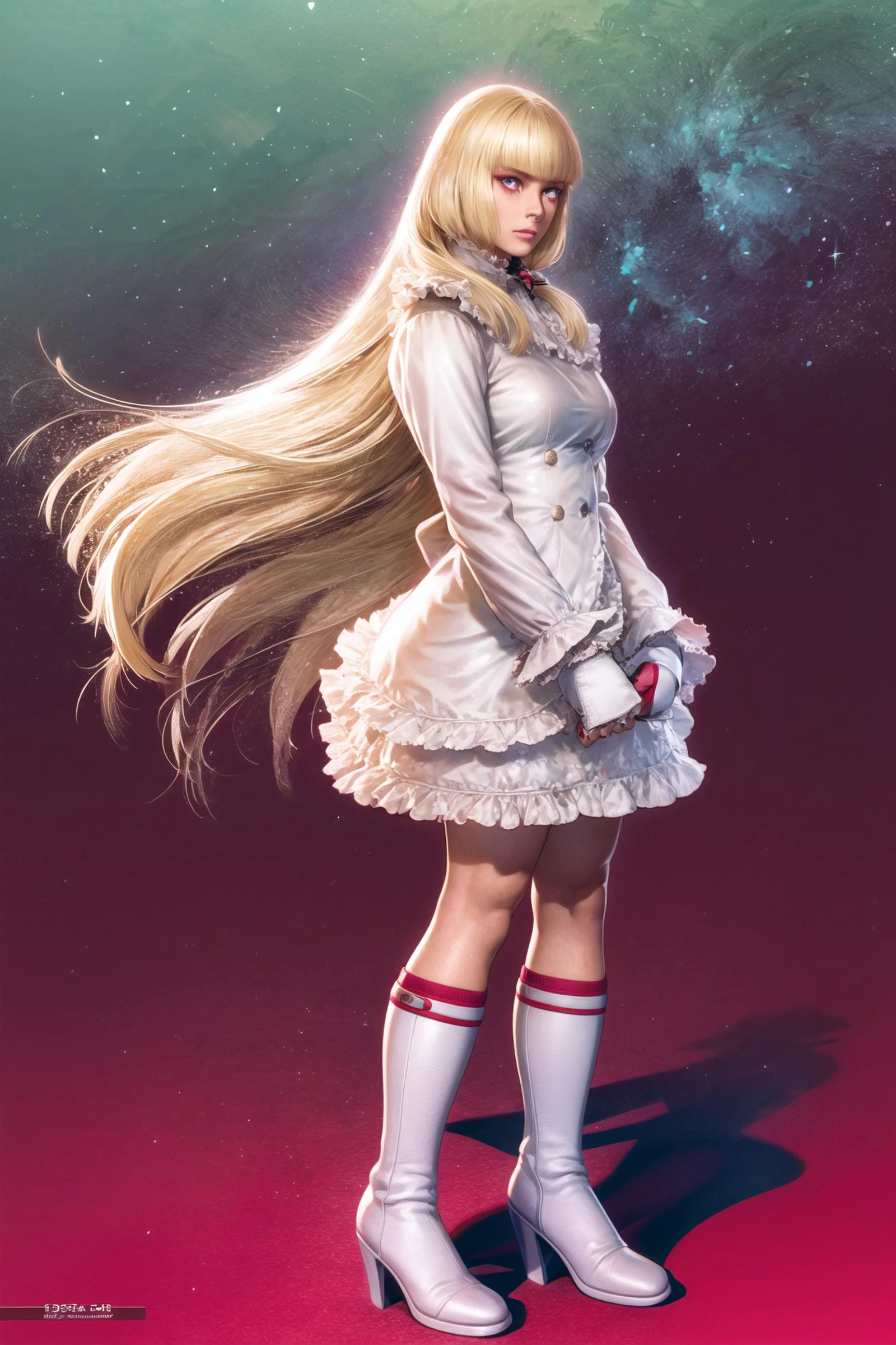 1girl, solo, young woman, liliclassictekken, long hair, blonde hair, (full body), eyeliner, makeup, lips, blue eyes, white dress, realistic, gloves fingerless, frilled, high heels boots, eyeshadown, blunt bang, <lora:shinkiro:0.8> , <lora:LiliClassicTekkenLoRA-07:1> , nervous512 , <lora:add_detail:0.7>