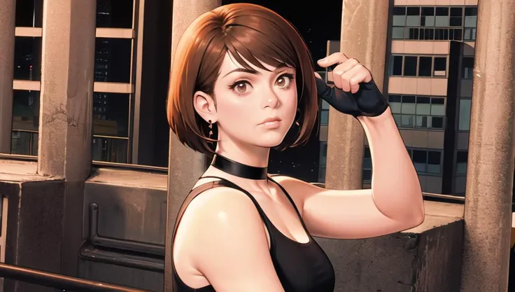 (masterpiece, best quality), 1girl, srttgirl, solo, short hair, standing, ((brown eyes)), portrait, ((close-up)), brown hair, hold guns in his hands, point the guns at the camera, black tank top, pink choker, earrings, looking viewer, city background, night, neon, pose, <lora:srttgirl-05:0.6>, raised eyebrow, fingerless black gloves, <lora:shinkiro:0.8>