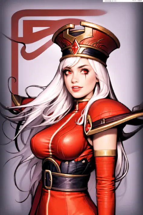 1girl, solo, young woman, <lora:BlancheteteLoRA-09:1>, BlancheteteHOTS, long hair, white hair, upper body, eyeliner, breasts, lips, red eyes, realistic, red outfits, <lora:shinkiro:0.8> , smile512