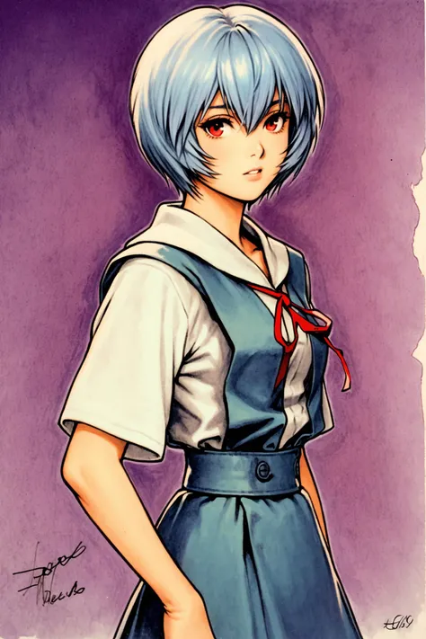 1girl,ayanami rei,solo,red eyes,short hair,school uniform,blue hair,tokyo-3 middle school uniform,signature,short sleeves,hair between eyes,suspender skirt,purple background,bangs,purple theme,shirt,cowboy shot,looking to the side,skirt,white shirt,looking at viewer,parted lips,suspenders,traditional media,<lora:shinkiro_XL:0.8>,