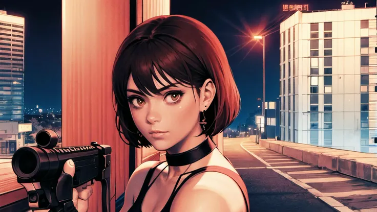(masterpiece, best quality), 1girl, srttgirl, solo, short hair, standing, ((brown eyes)), portrait, ((close-up)), brown hair, hold guns in his hands, point the guns at the camera, black tank top, red choker, earrings, looking viewer, city background, night, neon, pose, <lora:srttgirl-05:0.6>, raised eyebrow, fingerless black gloves, <lora:shinkiro:0.8>