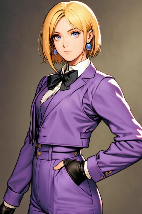 1girl,solo,blue eyes,short hair,blonde hair,black bowtie,collared shirt,fingerless gloves,high-waist pants,long sleeves,purple suit vest,hand in pocket,closed mouth,bangs,earrings,(centre parting bangs:1.5),looking at viewer,<lora:shinkiro_XL:0.8>,