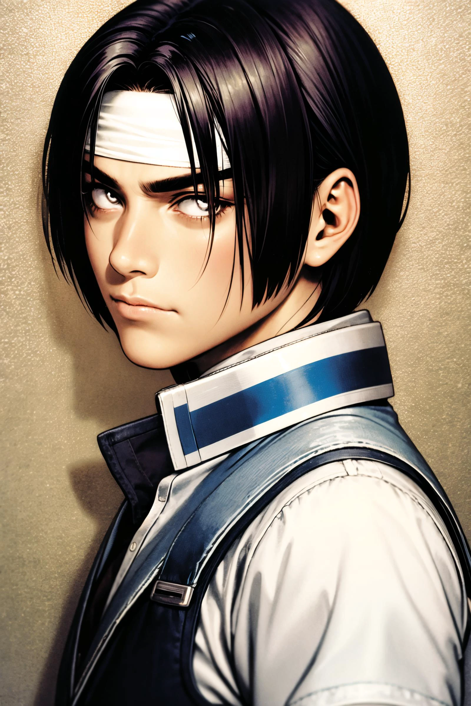 solo, 1boy, male focus, looking at viewer, closed mouth, portrait, white headband, parted bangs, expressionless, bangs, serious, <lora:shinkiro:0.8>