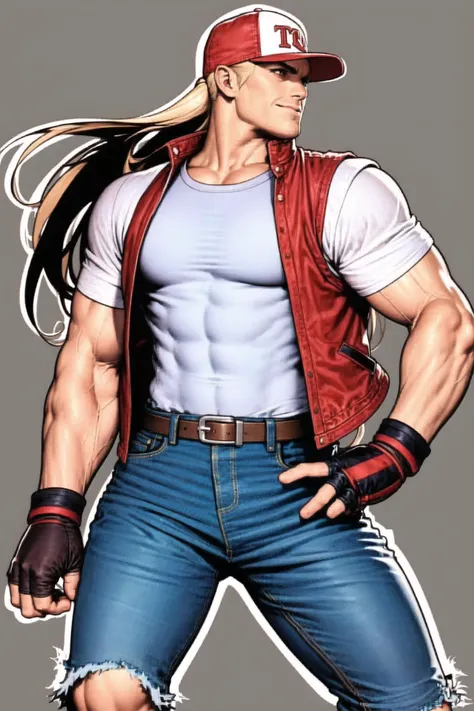 solo, 1boy, male focus, hat, gloves, blonde hair, baseball cap, denim, fingerless gloves, muscular, long hair, ponytail, jeans, vest, pants, jacket, white background, <lora:shinkiro:0.8>
