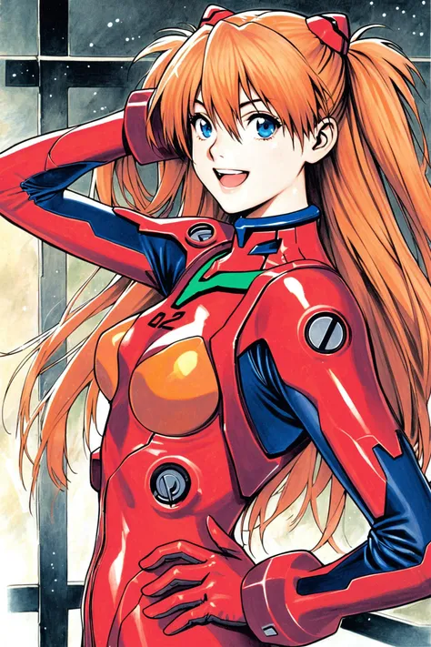 1girl,long hair,plugsuit,bodysuit,souryuu asuka langley,pilot suit,bracer,blue eyes,smile,open mouth,breasts,bangs,turtleneck,solo,cowboy shot,:d,hair between eyes,gloves,red bodysuit,small breasts,looking at viewer,headgear,two side up,hand on hip,skinny,adjusting hair,narrow waist,standing,orange hair,science fiction,hand up,shiny clothes,hair ornament,happy,from side,shiny,skin tight,traditional media,<lora:shinkiro_XL:0.8>,