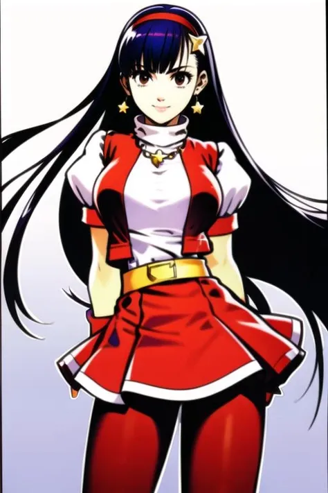 (solo:1.3),
(masterpiece), (best quality), (athena97), purple hair, long hair, white earrings, red hairband, star hair ornament, large breasts, (covered nipples), (red vest), white turtleneck, white puffy sleeves, short sleeves, red pleated skirt, (deep red pantyhose:1.2), black pantyhose, yellow belt, purple sphere shape necklace, red fingerless gloves
<lora:Athena97:0.8>
(standing:1.4), cowboy shot, 
<lora:shinkiro:0.91>