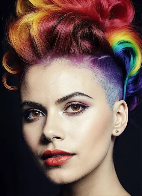 portrait of sks woman by Flora Borsi, style by Flora Borsi, bold, bright colours, rainbow Mohawk haircut, ((Flora Borsi)), <lora:locon_zaziebeets_v1_from_v1_64_32:1>