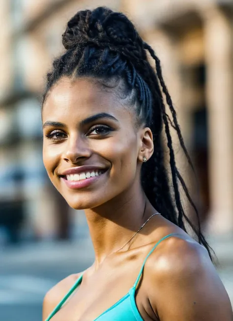 High detail RAW color Photo of gorgeous sks woman, smile, fit, toned, sexy look, high detail hair, (skin pores, skin imperfections), sharp body, highly detailed body, highly detailed face, sharp focus, 8k high definition, insanely detailed, intricate, masterpiece, highest quality, <lora:locon_zaziebeets_v1_from_v1_64_32:1>