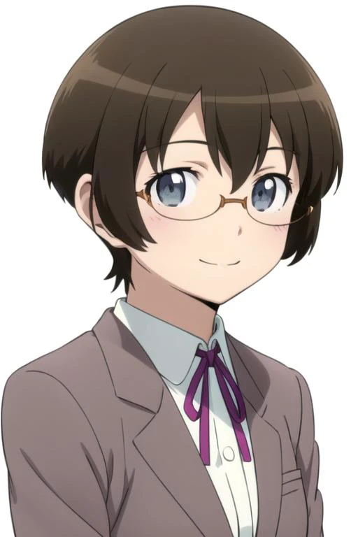 solo, 1girl, looking at viewer, 2D, anime, anime coloring, upper body, (simple background, solid white background:1.3), <lora:manami-oreimo:0.8>, manami tamura, school uniform, smile