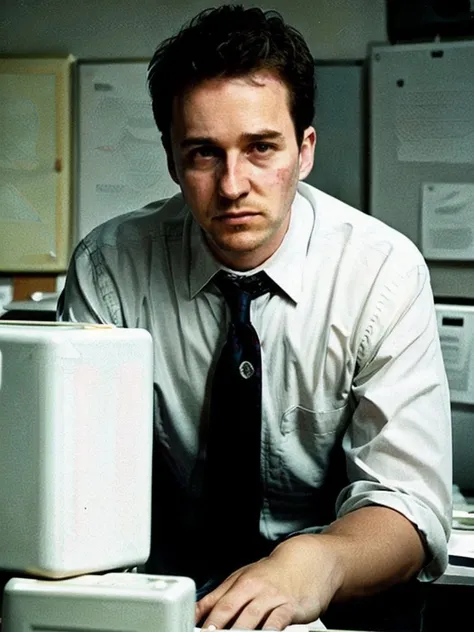 Narrator768, a man wear a suit in office, old computer, bruises, dirty old kitchen, photography, ultra-sharpness, highest quality, art of Anya Millen, smooth, clear focus, trend on artforum, behance hd, muted colors <lora:Narrator768:0.7>