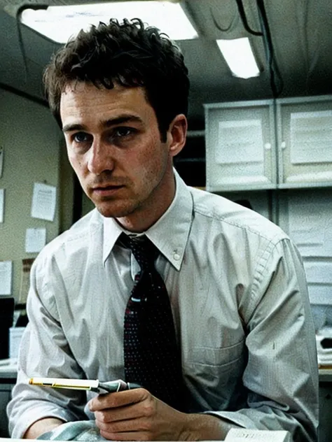 Narrator768, a man wear a suit in office, old computer, bruises, dirty old kitchen, photography, ultra-sharpness, highest quality, art of Anya Millen, smooth, clear focus, trend on artforum, behance hd, muted colors <lora:Narrator768:0.7>