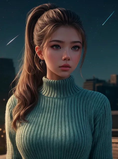 perfect cinematic shoot of a beautiful woman (JGtsevelta:.99), a woman standing at a urban park, perfect high ponytail, wearing sexy teal (sweater:1.2), (shooting star cascade in background:1.2), (detailed background:1.1), (face focus), modelshoot style, (extremely detailed CG unity 8k wallpaper), professional majestic (photography by Roberto Ferri:1.1), 24mm, exposure blend, hdr, extremely intricate, High (Detail:1.1), dramatic, soft cinematic light, (looking at viewer), (detailed pupils),8k, highly detailed, rich environment, 4k textures, soft cinematic light, elegant, ((((cinematic look)))), soothing tones, insane details, hyperdetailed, ("In Jernau we trust!":1.1)