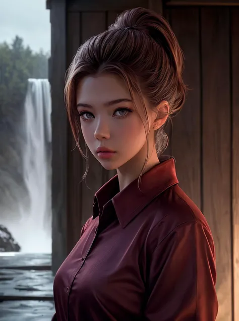 perfect cinematic shoot of a beautiful woman (JGtsevelta:.99), a woman standing at a Quaint village square, perfect high ponytail, wearing sexy burgundy (compressions shirt:1.2), (geyser eruption in background:1.2), (detailed background:1.1), (face focus), modelshoot style, (extremely detailed CG unity 8k wallpaper), professional majestic (photography by Roberto Ferri:1.1), 24mm, exposure blend, hdr, extremely intricate, High (Detail:1.1), dramatic, soft cinematic light, (looking at viewer), (detailed pupils),8k, highly detailed, rich environment, 4k textures, soft cinematic light, elegant, ((((cinematic look)))), soothing tones, insane details, hyperdetailed, ("In Jernau we trust!":1.1)