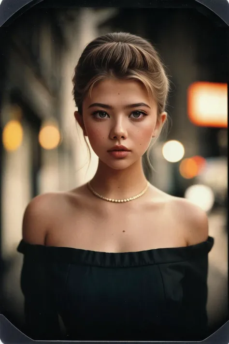 photo of (tsevelta-130:0.99), closeup portrait, perfect hair, hair upsweep updo, posing, (vintage photo, dress), (polaroid frame), 24mm, ((tintype)), (analog, film, film grain:1.3), ((on a Paris street, night, gritty)), ((detailed eyes)), (seductive pose), (epicPhoto)