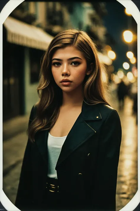 photo of (tsevelta-130:0.99), closeup portrait, perfect hair, posing, (vintage photo, surcoat), (polaroid frame), 24mm, ((tintype)), (analog, film, film grain:1.3), ((on a Havana street, night, gritty)), ((detailed eyes)), (seductive pose), (epicPhoto), Cuba