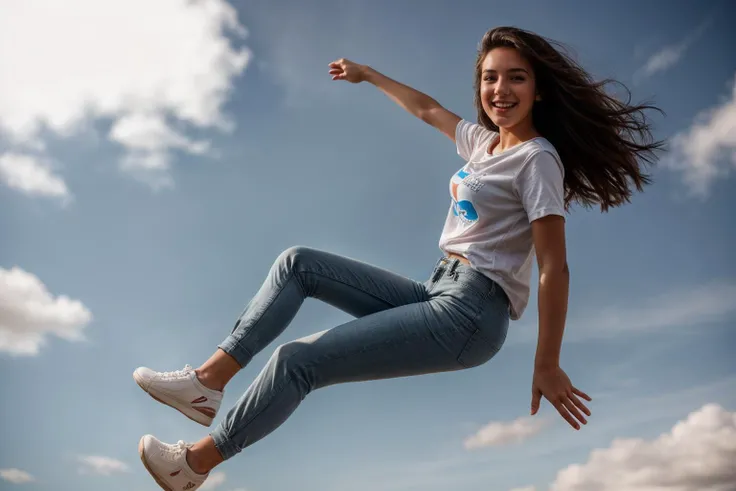 full body,from below,from side and behind,photo of a 18 year old girl,flying in the sky,bare hands,happy,laughing,shirt,pants,ray tracing,detail shadow,shot on Fujifilm X-T4,85mm f1.2,depth of field,blurry background,bokeh,motion blur,<lora:add_detail:1>,