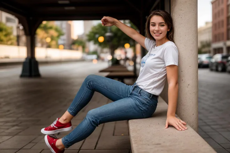 full body,from below,from side and behind,photo of a 18 year old girl,sitting on a bench,bare hands,happy,laughing,shirt,pants,ray tracing,detail shadow,shot on Fujifilm X-T4,85mm f1.2,depth of field,blurry background,bokeh,motion blur,<lora:add_detail:1>,