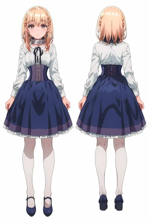 (multiple views:1.5),from behind,from_front,(white background:1.3),(full body:1.4),arms at sides,<lora:add_detail:0.4>,<lora:colorful_V1_lbw:0.3>,
<lora:å©ä¸1V:0.8>,1girl,star earrings,solo,blonde hair,braid,medium hair,bangs,bright pupils,brown eyes,hair between eyes,white pupils,metal collar,neck ribbon,white shirt,black ribbon,center frills,corset dress,blue dress,long sleeves,frilled skirt,, Exquisite visuals, high-definition,masterpiece,best quality,, Exquisite visuals,high-definition,masterpiece,best quality,18yo,Young female,Beautiful Fingers,Beautiful long legs,Beautiful body,Beautiful character design,white panties,