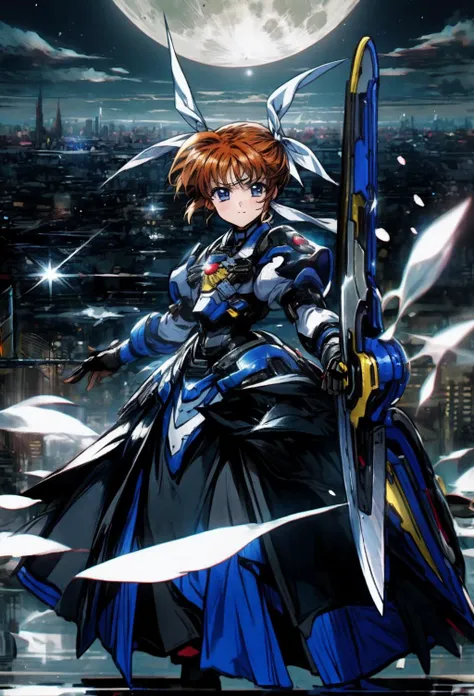 nanoha,1girl,,masterpiece,best quality,solo,gloves,armor,dress,puffy sleeves,long sleeves,blue Hand armor,black gloves,fingerless gloves,weapon,cityscape, light particles, magic particles, Reflection,moon,
<lora:nanoha:0.75>