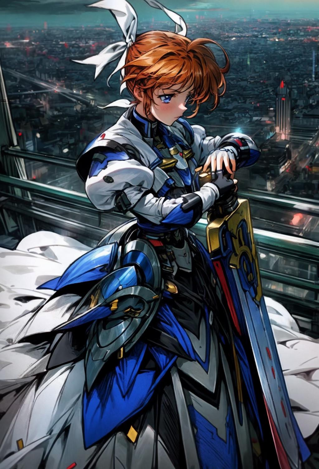 A woman in armor standing on a ledge with a sword - SeaArt AI