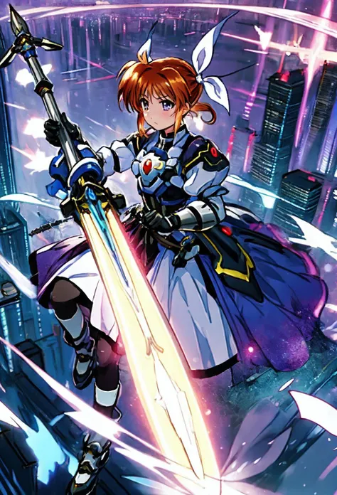nanoha,1girl,,masterpiece,best quality,solo,gloves,armor,dress,puffy sleeves,long sleeves,blue Hand armor,black gloves,fingerless gloves,weapon,cityscape,
<lora:nanoha:0.75>