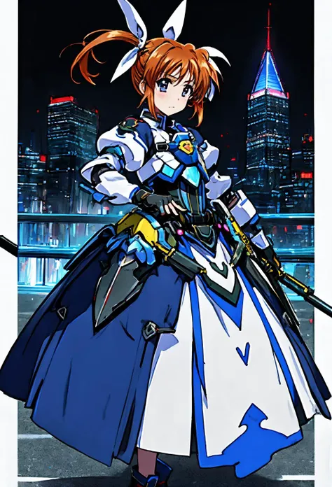 nanoha,1girl,,masterpiece,best quality,solo,gloves,armor,dress,puffy sleeves,long sleeves,blue Hand armor,black gloves,fingerless gloves,weapon,cityscape,
 <lora:nanoha:0.75>