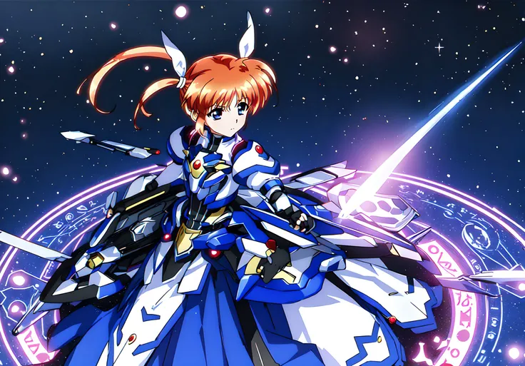 <lora:nanoha:0.8>,nanoha,1girl,super fine illustration,masterpiece,best quality,solo,gloves,armor,dress,puffy sleeves,long sleeves,blue Hand armor,black gloves,fingerless gloves,light particle,(magic circle:1.1),cityscape,