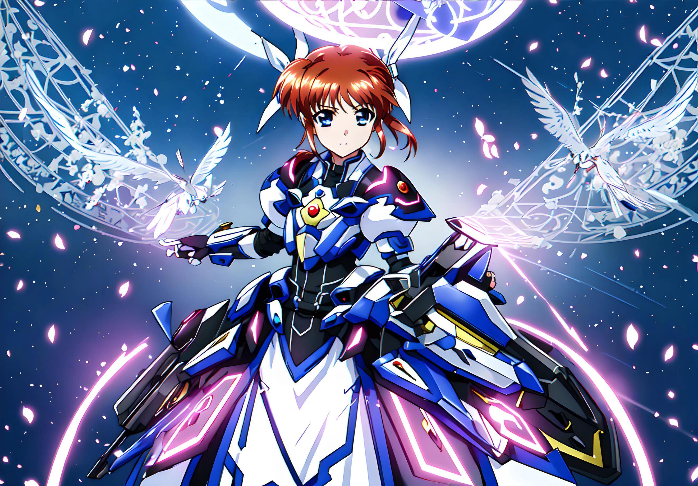 <lora:nanoha:0.8>,nanoha,1girl,super fine illustration,masterpiece,best quality,solo,gloves,armor,dress,puffy sleeves,long sleeves,blue Hand armor,black gloves,fingerless gloves,light particle,(magic circle:1.1),wings of light particles,cityscape,