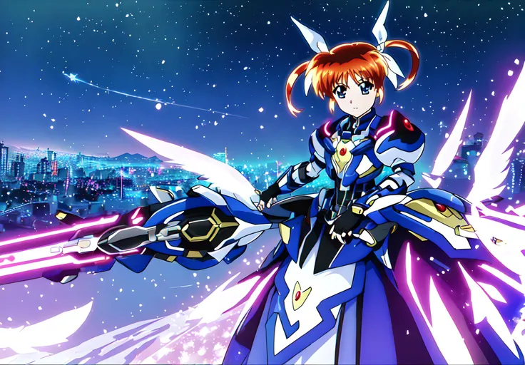 <lora:nanoha:0.8>,nanoha,1girl,super fine illustration,masterpiece,best quality,solo,gloves,armor,dress,puffy sleeves,long sleeves,blue Hand armor,black gloves,fingerless gloves,light particle,wings of light particles,cityscape,