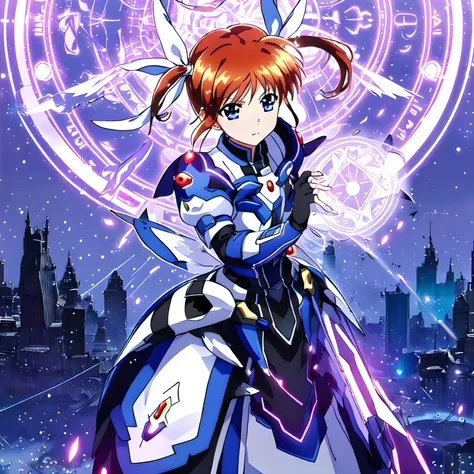 <lora:nanoha:0.8>,nanoha,1girl,super fine illustration,masterpiece,best quality,solo,gloves,armor,dress,puffy sleeves,long sleeves,blue Hand armor,black gloves,fingerless gloves,(light particle:1.1),(magic circle:1.1),wings of light particles,cityscape,