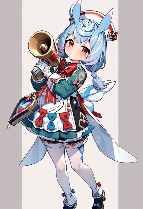 1girl, sigewinne \(genshin impact\), 1girl, smile, white gloves, holding, white legwear, twintails, looking at viewer, long sleeves, eyebrows visible through hair, gun, black footwear, megaphone, weapon, pantyhose, full body, white headwear, red eyes, closed mouth, holding weapon, holding gun, blue hair, grey background, shoes, red bow, puffy sleeves, heart, low twintails, white background, two-tone background, simple background, brown eyes, long hair, antenna hair, short hair, ahoge, short twintails, holding megaphone, juliet sleeves, puffy long sleeves, shorts, green dress, white dress, hair ornament, bowtie, white hair, blush, back bow, light blue hair, high heels, animal ears, white apron, solo, white pantyhose, holding water gun, water gun, red bow on apron, blue bow on apron, nurse cap, white thighhighs, red bowtie, green shirt, black shorts, white collar, collared shirt, white waist bow, white wings, mini wings, apron bow, two-tone wings, aqua wings, white tail, aqua tail, two tone tail, masterpiece, best quality <lora:sigewinne_genshin_impact_sdxl_locon_v1:0.7>