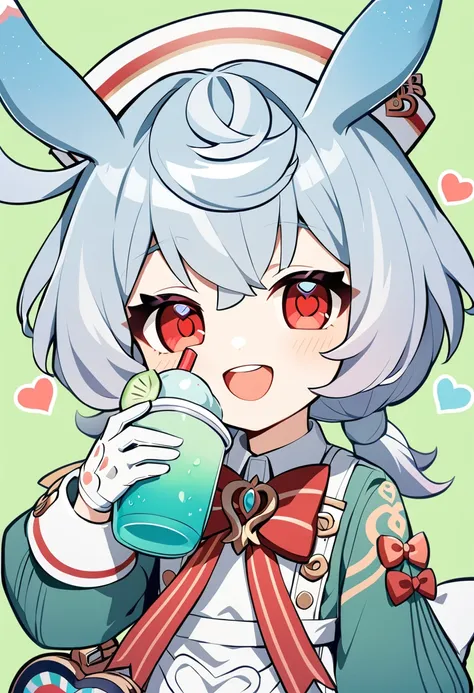 1girl, sigewinne \(genshin impact\), 1girl, animal ears, white gloves, open mouth, red eyes, smile, hair between eyes, white headwear, blush, holding, puffy sleeves, long sleeves, looking at viewer, red bow, eyebrows visible through hair, drinking straw, teeth, :d, short hair, index finger raised, white dress, blue bow, ahoge, white apron, upper teeth, grey hair, blue hair, puffy long sleeves, silver hair, green background, food, finger to mouth, bowtie, + +, ice cream, red neckwear, puffy short sleeves, chibi, symbol-shaped pupils, simple background, solo, nurse cap, red bowtie, green shirt, black shorts, holding cup, heart-shaped bag, white collar, collared shirt, striped bow, cup <lora:sigewinne_genshin_impact_sdxl_locon_v1:0.7>